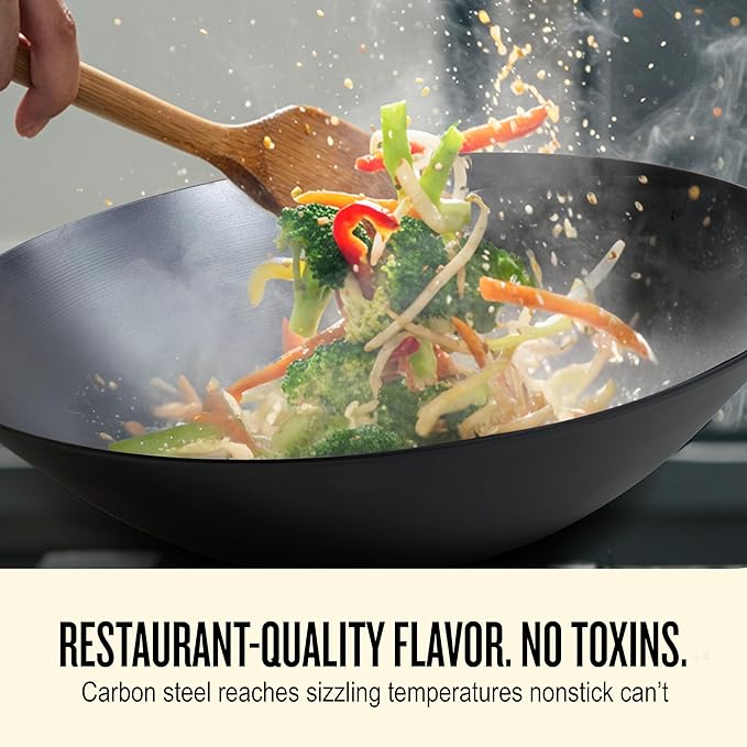 Alva Forest Naturally Nonstick Carbon Steel Wok Pan 12" - Acacia Wood Handle, Pre-Seasoned and Made without PFAS, PFOA & PTFE - Induction and All Stovetop Compatible with Even Heat Distribution