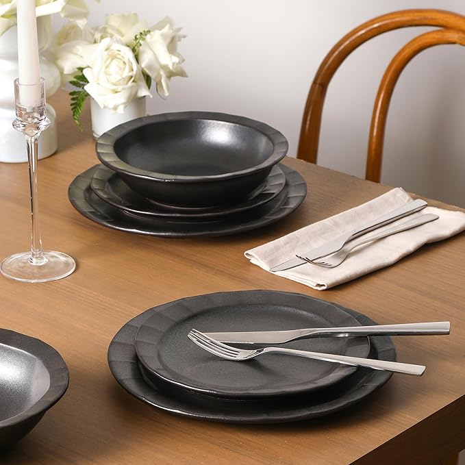 Stone Lain Oasis 24-Piece Dinnerware Set Stoneware, Dishwasher and Microwave Safe Plates and Bowls Set, Dish Set for 8, Black