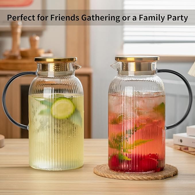 2 PACK Glass Pitcher with Lid,68 oz/ 2 Liter Vertical Stripes Water Pitcher With Black Handle,Glass Water Carafe for Cold Brew,Coffee, Lemonade, Iced Sun Tea,Beverage, Milk Heat Resistant