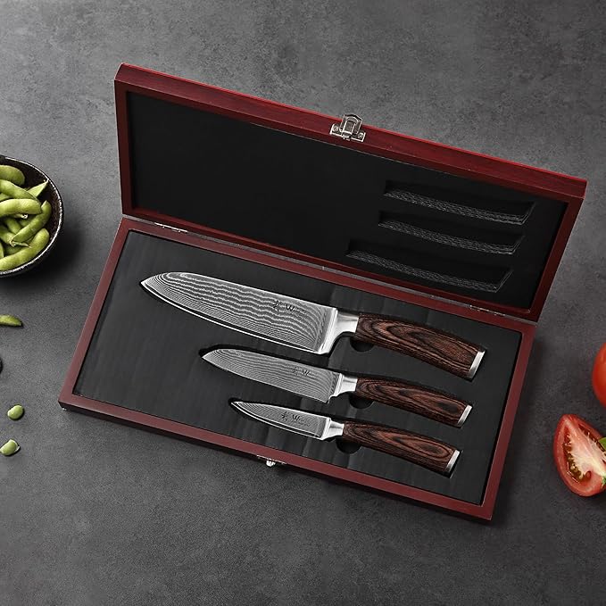 Wakoli EDIB 3-Piece Damascus Kitchen Knife Set in Wooden Gift Box – Sharp Knives Set made of Genuine Damascus Steel (VG10 Core) – Santoku, Small Santoku, & Pairing Knife – Ergonomic Pakkawood Handles