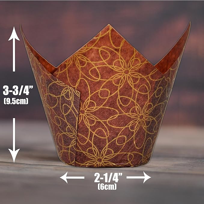 (JUMBO Large size) Brown Golden pattern Tulip Baking Cups 2-1/4"(Base diameter) x 3-3/4"(Wall height) Greaseproof paper Muffin liners, Case of 130 pcs