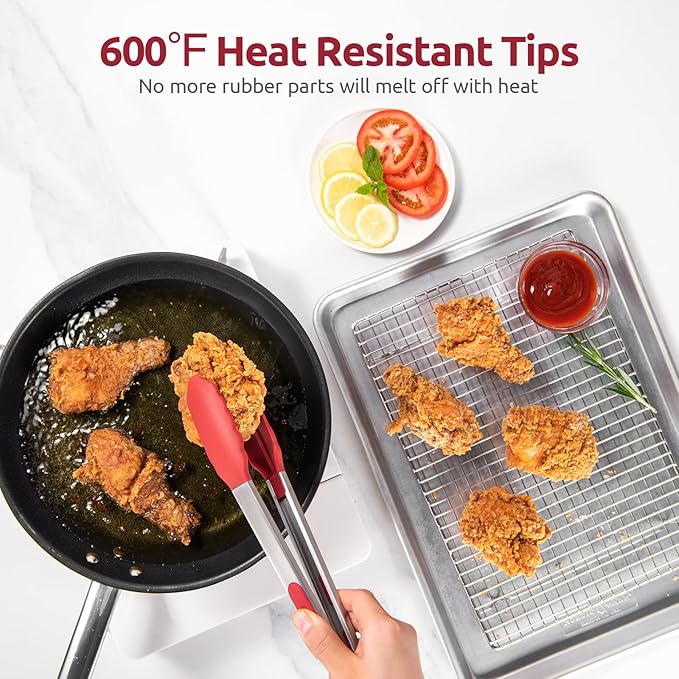 600ºF Heat Resistant Kitchen Tongs: U-Taste 9+12 inch Silicone Cooking Tong Set with Firm Sealed Non Stick Rubber Tips and Silicon Coated 18/8 Stainless Steel Handle for Serving Grilling Salad(Red)