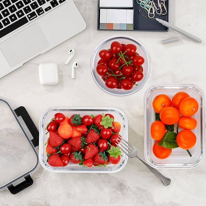 kakw12 Packs Glass Food Storage Containers,Glass Meal Prep Container for Lunch,can be used in the Microwave, Oven, Freezer and Dishwasher,with Upgraded Snap Locking Lids. (12 Packs)