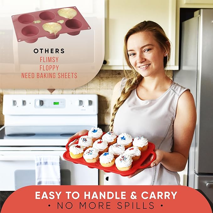Silicone Muffin Pan With Handles, 12 Cups Cupcake Pan, Silicone Muffin Cups For Baking, Eggs & Cupcakes, Non-Stick Cupcake Molds Dishwasher Safe & BPA Free - Red Color