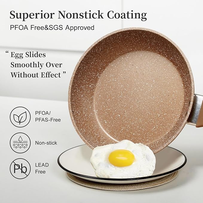 Healthy Nonstick Granite Cookware Set - 3 Pcs, Induction Skillets With Lids, PFOA Free, No Toxic Egg Omelette Frying Pan