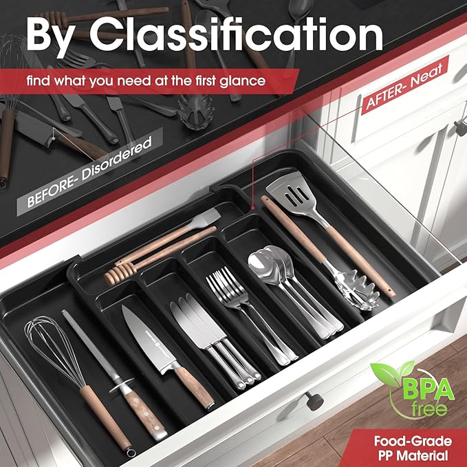 Aujen Silverware Organizer - Expandable Kitchen Drawer Organizer, Adjustable Utensil Organizer, Cutlery Tray for Forks, Knives, Multipurpose Kitchen Organizers and Storage Solution, Black, Medium
