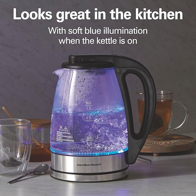 Hamilton Beach 1.7L Electric Kettle, Water Boiler & Heater, LED Indicator, Built-In Mesh Filter, Auto-Shutoff & Boil-Dry Protection, Cordless Serving, Clear Glass (40864)