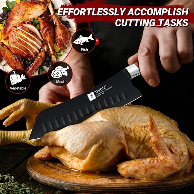 TIVOLI Santoku Knife, 7 Inch Professional Chef Knife, High Carbon Steel Ultra Sharp Deep Cooking Knife with Full Tang Ergonomic Wood Handle, Gift for Men Women Christmas