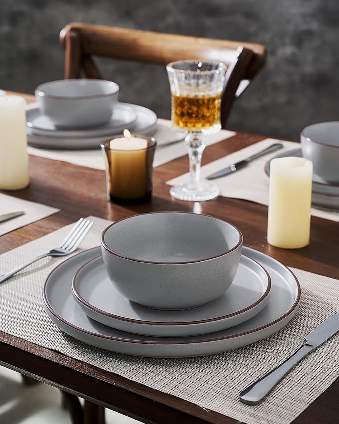 Famiware Mercury Plates and Bowls Sets, 12 Pieces Stoneware Dinnerware Sets, Dishes Set for 4, Microwave and Dishwasher Safe, Light Grey