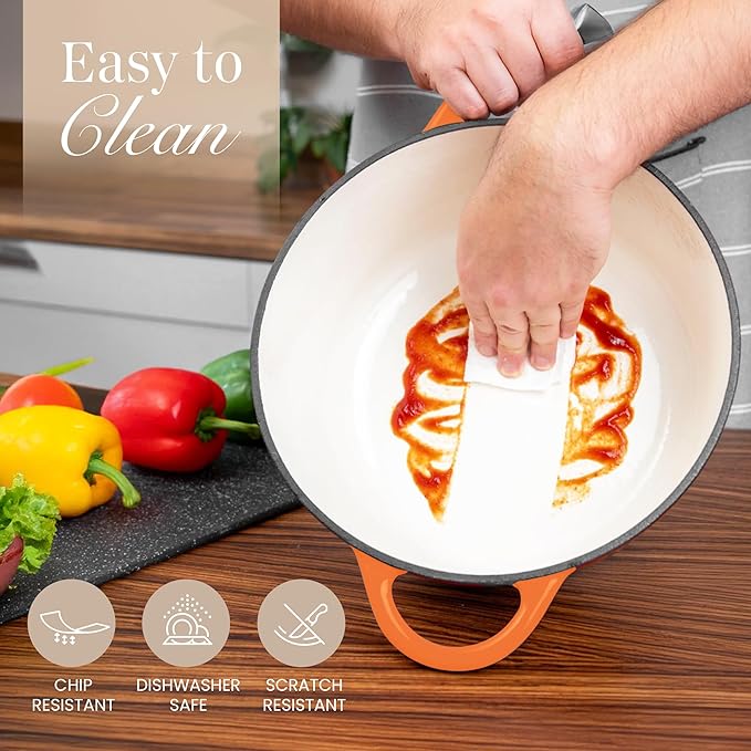 Nuovva Enamelled Cast Iron Dutch Oven Pot with Lid – 6.4 Quart Non Stick Casserole Pot – Heavy Duty & Oven Safe up to 500° F for Bread Baking, Braising, Stews, Roasting – 28cm Orange