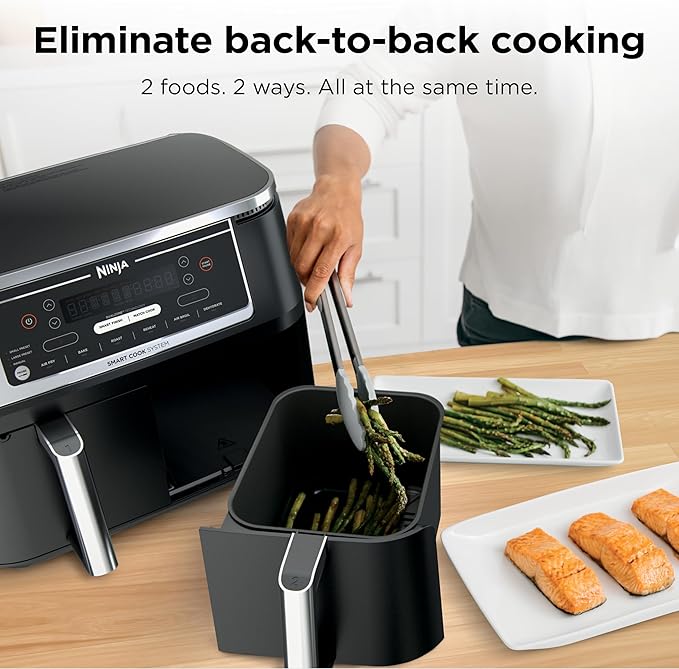 Ninja DZ550 Foodi 10 Quart 6-in-1 DualZone Smart XL Air Fryer with 2 Independent Baskets, Smart Cook Thermometer for Perfect Doneness, Match Cook & Smart Finish to Roast, Dehydrate & More, Grey