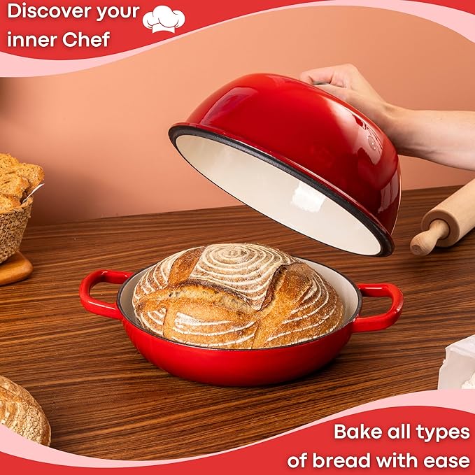 Enamelled Cast Iron Dutch Oven Pot – Dutch Oven For Sourdough Bread Baking – Cast Iron Bread Pot – Red, 6 Quarts, 26cm – by Nuovva