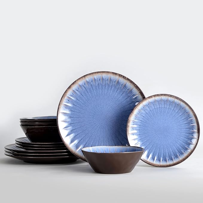 Melamine Dinnerware Sets 12 Pcs, Plates and Bowls Sets, Melamine Plates, Outdoor Dishes Sets, Unbreakable Dinnerware, Serving Dishes for Entertaining, Dishwasher Safe, BPA Free (Classic Blue)