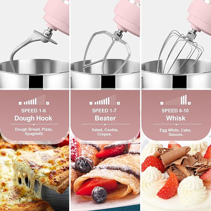 Kitchen in the box 7QT 900W 10-Speed Stand Mixer, Tilt-Head Kitchen Electric Mixer with Dough Hook, Whisk & Flat Beater(Rose pink)