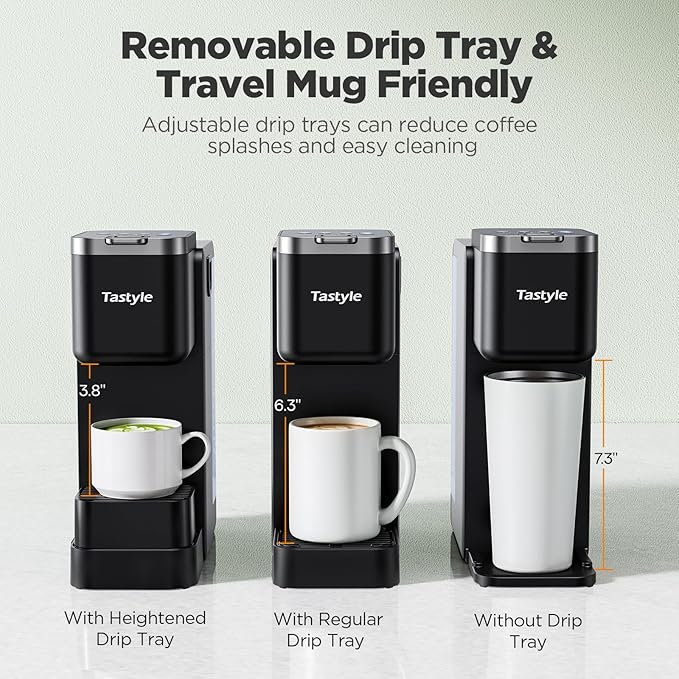 Single Serve Coffee Maker with Built-in Detachable Milk Frother, Iced and Hot Coffee Machine for K Cup & Grounds, 40oz Removable Water Reservoir, 6 Cup Sizes, Fits 7.3" Travel Mug, Black