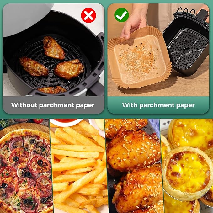 Air Fryer Paper Liners, 125Pcs Parchment Paper, Air Fryer Liners Disposable for Microwave, Non-Stick Air Fryer Liner Square Free of Bleach (8IN)