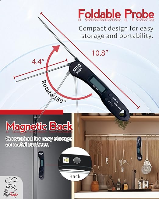 5 PCs Digital Food Thermometer with Fast 1-Second Reading, ±1°F Accuracy, -58°F to 572°F Range | Foldable Probe, Magnetic Back, Backlit LCD, Auto-Off for Grilling, Baking, Smoking