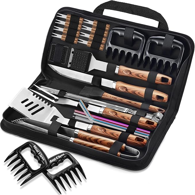 ROMANTICIST 27pcs Heavy Duty Grilling Gifts for Men Dad Christmas, Extra Thick BBQ Accessories Tools Set, Stainless Steel Grill Utensils Kit with Meat Claws, Carrying Bag for Outdoor Camping Brown