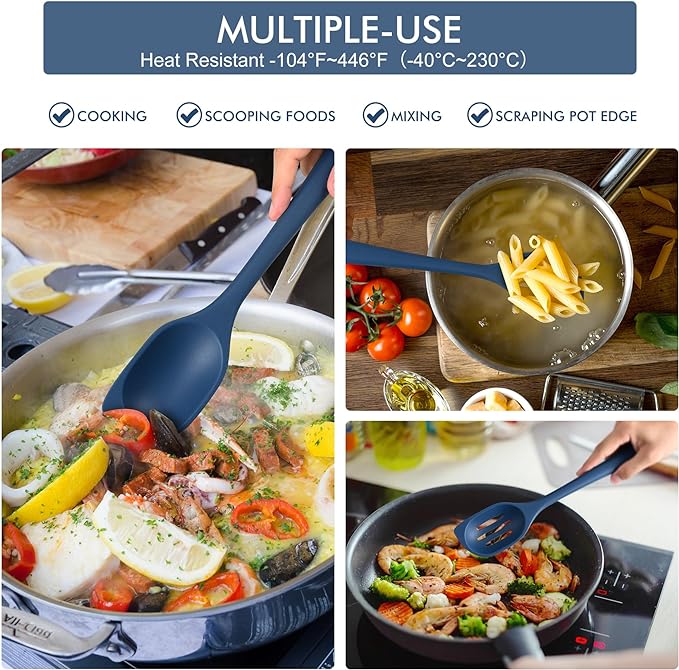 HOTEC 446°F Heat Resistant Silicone Cooking Spoon Spatula, BPA Free Large Kitchen Solid and Slotted Spoons for Mixing, Serving, Scraping, Non-stick, Dishwasher Safe Classic Blue 12.5inch