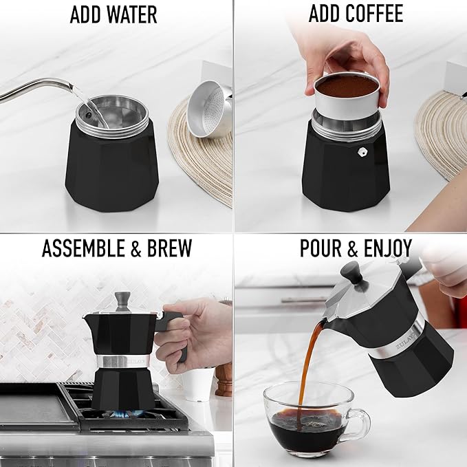 Zulay Moka Pot Espresso Stovetop Coffee Maker - Leak-Proof, Stainless Steel, Easy to Clean, Heat Resistant Handle & Knob - for Authentic Cuban & Italian Style Espresso - Makes 6 Espresso Cups - Black