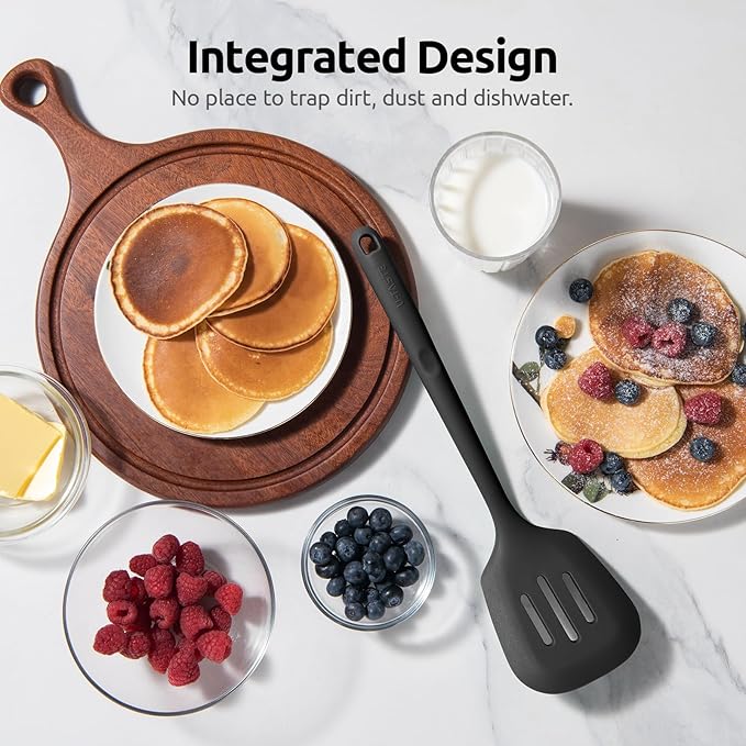 600ºF Heat Resistant Slotted Turner: U-Taste 13.6in Silicone Kitchen Spatula Flipper, 3.74in Wide Food Grade Flexible Thin Rubber Cooking Utensil for Egg, Pancake, Cookie in Nonstick Cookware (Black)