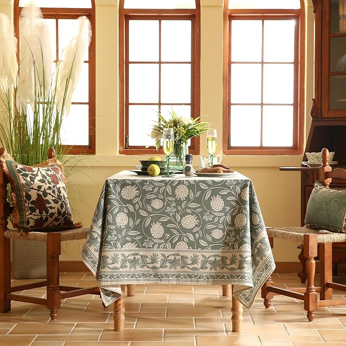 ISAENNE Designer Grayish Green Linen Long Rectangle Tablecloth,Floral Stain Resistant Table Cloth,Fall Vintage Decor Tablecloths for Dining Thanksgiving Kitchen Party,63"*94"-Andrew A