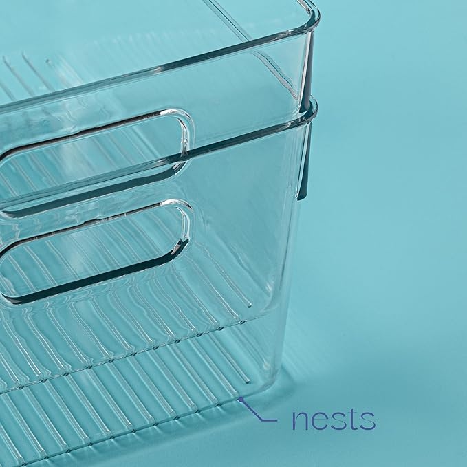 Plastic Food Storage 4 Pack Clear Container Bin with Handles for Organizing Kitchen, Pantry, Refrigerator, Freezer, Pantry, Cabinet, Closet, Bathroom. 10”x7.5”x5.3”