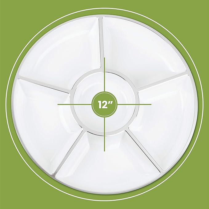 Plasticpro 6 Sectional Round Plastic Serving Tray/Platters White & Silver Pack of 2