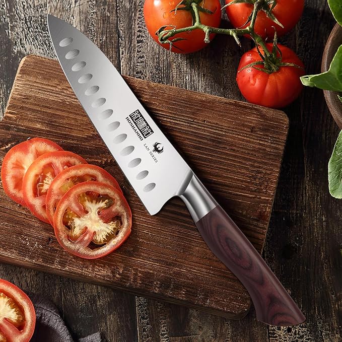 HOSHANHO Santoku Knife 7 Inch, Professional High Carbon Stainless Steel Kitchen Knife, Super Sharp Cooking Knife with Ergonomic Wood Handle