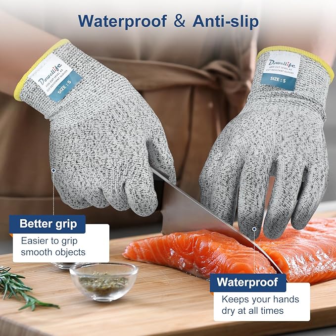 Dowellife Level 5 Cut Resistant Gloves with Silicone Coating, Food Grade Kitchen Knife Safety Gloves, Work Gloves for Chef, Mandoline Oyster Shucking Meat Cutting Wood Carving (Gray X-Large), Grey