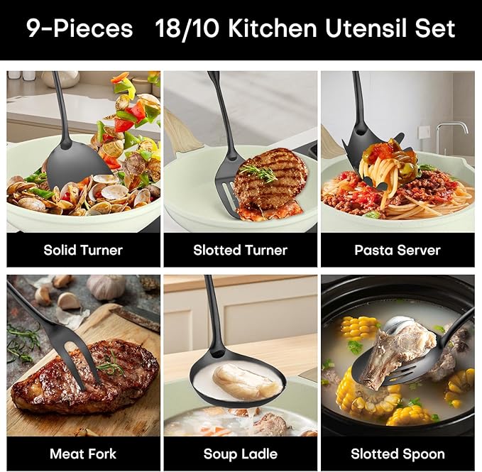 Lazycorner Kitchen Utensil Set 9-Piece Stainless Steel 304 Polished Mirror Finish Cooking Spoons, Slotted Spoon, Turner, Spatula, Pasta Spoon– Dishwasher Safe, Rust-Resistant
