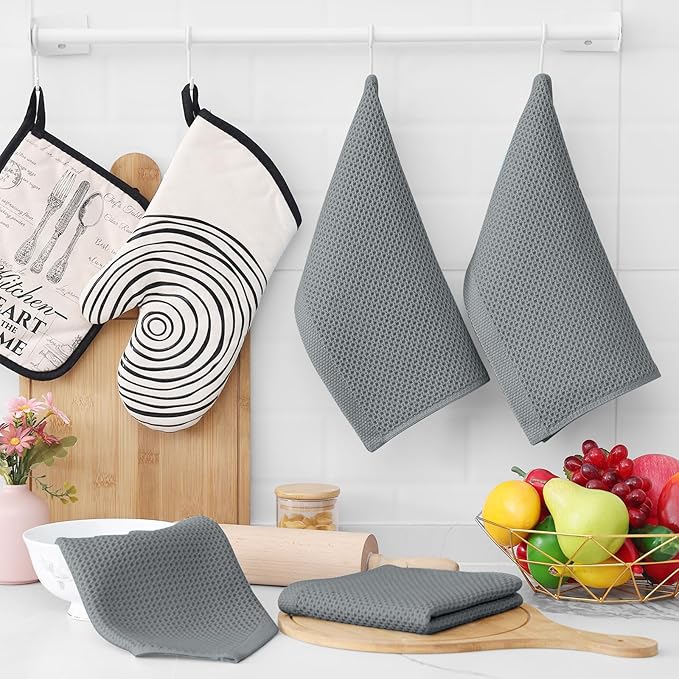 Homaxy 100% Cotton Waffle Weave Kitchen Dish Cloths, Ultra Soft Absorbent Quick Drying Dish Towels, 12 x 12 Inches, 12-Pack, Grey