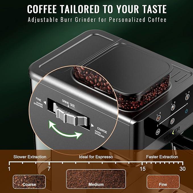 TENKER Espresso Machine with Grinder, 20 Bar Coffee Machine with Milk Frother for Home, All-in-One Stainless Steel Coffee Maker to Make Latte, Cappuccino, Hot or Cold Brew Iced Coffee