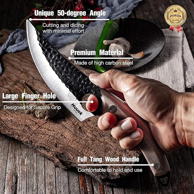 Huusk Viking Japanese Meat Cleaver, Forged Boning Knife With Sheath, High Carbon Steel Japan Butcher Fillet for Kitchen, Camping