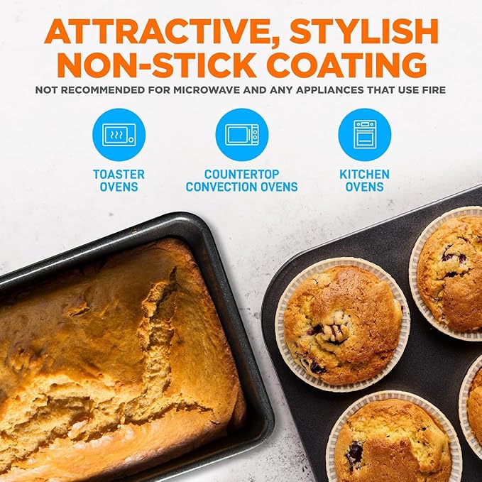 NutriChef 8-Piece Nonstick Stackable Bakeware Set - PFOA, PFOS, PTFE Free Baking Pan Set w/Non-Stick Coating, 450°F Oven Safe, Round Cake, Loaf, Muffin, Wide/Square Pans, Cookie Sheet (Plum)