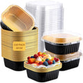 Aoriher 150 Pieces 10 oz Mini Cake Pans with Lids Aluminum Foil Baking Cups Square Disposable 4" x 4" Large Cupcake Cups Baking Tins for Kitchen Brownie Pudding Desserts Holders(Black, Gold)