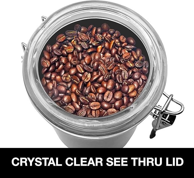 OGGI Stainless Steel Kitchen Canister 52 fl oz - Airtight Clamp Lid, Clear See-Thru Top - Ideal for Kitchen Storage, Food Storage, Pantry Storage. Large Size 5" x 6".