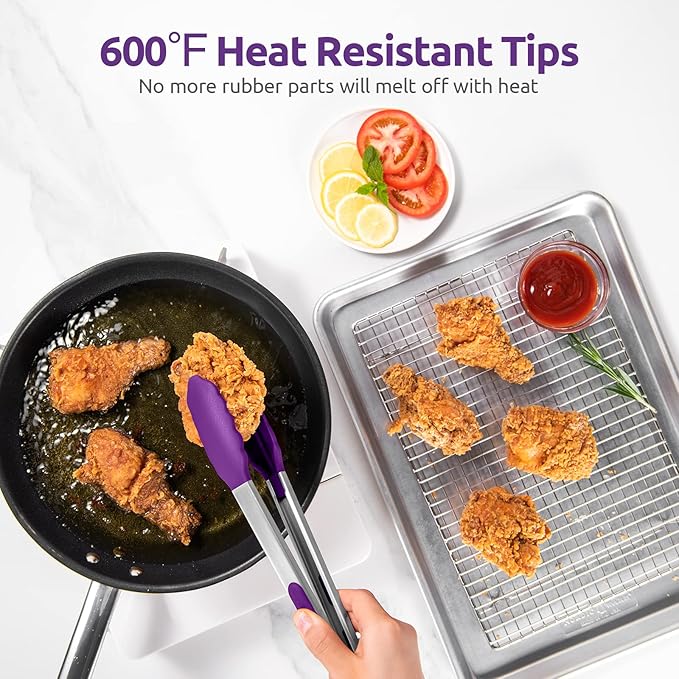 600ºF Heat Resistant Kitchen Tongs: U-Taste 12 inch Large Silicone Cooking Tong with Sturdy Non Stick Rubber Tips & Silicon Coated 18/8 Stainless Steel Handle & Smooth Locking for Serving Grill-Purple