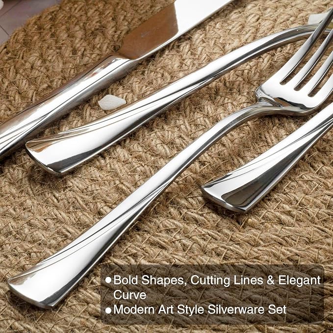 Alata Alice 60-Piece Silverware Set Stainless Steel Flatware Set,Service for 12,Mirror Polished Cutlery Set,Dishwasher Safe