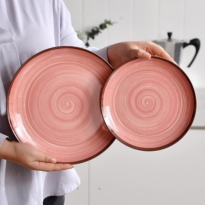 12Pcs Melamine Dinnerware Set, Plates And Bowls Sets for 4, Pink Color Dinnerware Sets, Melamine Plates Bowls Indoor and Outdoor Use Dish Set Dishwasher Safe BPA Free(Pink)