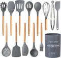 Country Kitchen Non Stick Silicone Utensil Set with Rounded Wood Handles for Cooking and Baking, 14 Piece Set, Gray
