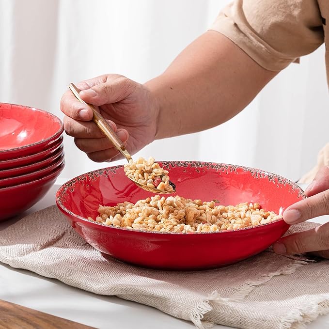 Farmhouse Melamine Pasta Bowls Set of 6, 42 OZ Large Serving Bowls Set, 9.25 inch Ramen Bowls,Wide and Shadow Rustic Red Round Dinner Bowl, Fruit bowl, Noodle Bowl, Salad Bowl Set, Red…