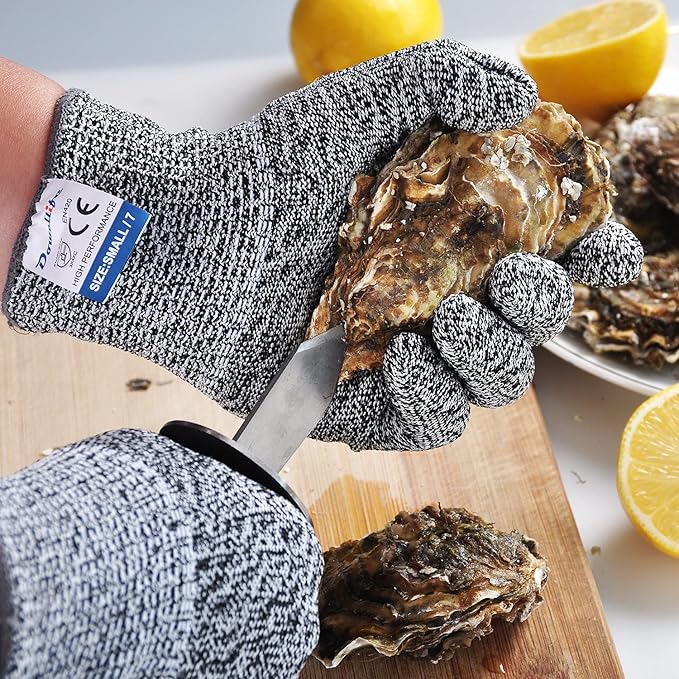 Dowellife 3 Pairs Cut Resistant Gloves Food Grade Level 5 Protection, Safety Kitchen Cuts Gloves for Mandolin Slicing, Fish Fillet, Oyster Shucking, Meat Cutting and Wood Carving (Black Gray, Medium)
