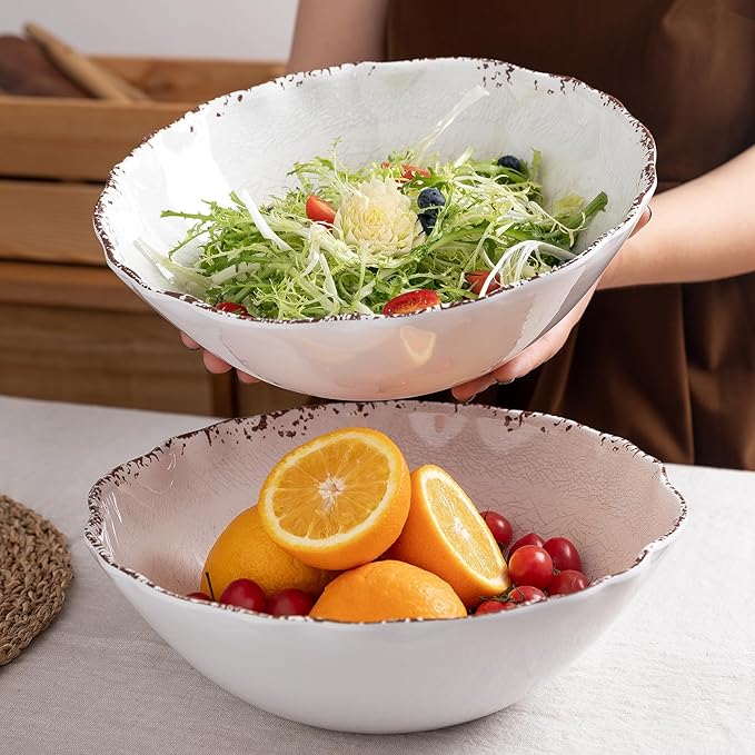 LEHAHA Rustic White Melamine Large Serving Bowl, 2 pieces Set,12 inches (130 OZ) Larger Salad Bowl, Lightweight and Unbreakable Mixing Bowl, BPA Free Melamine Bowls, Dishwasher Safe…