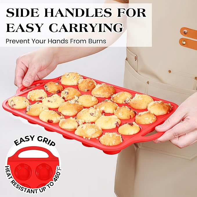 Regular 12 Cup and Mini 24 Cup Nonstick Cupcake Pan Set Silicone Muffin Pan for Baking Silicone Cupcake Mold with Metal Reinforced Frame BPA Free (2 Pcs, Red)