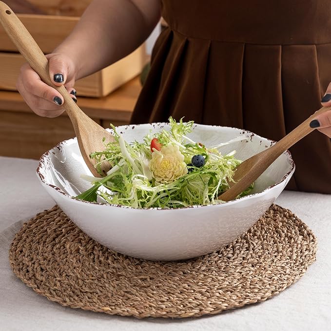 LEHAHA Rustic White Melamine Large Serving Bowl, 2 pieces Set,12 inches (130 OZ) Larger Salad Bowl, Lightweight and Unbreakable Mixing Bowl, BPA Free Melamine Bowls, Dishwasher Safe…