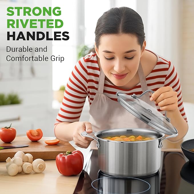 NutriChef 3-Quart Stainless Steel Pot with Glass Lid - 18/8 Food Grade Heavy Duty Cookware Stockpot for Stews, Simmering & Soups, Dishwasher Safe, For Induction, Gas & Ceramic Cooktops - NCSP3