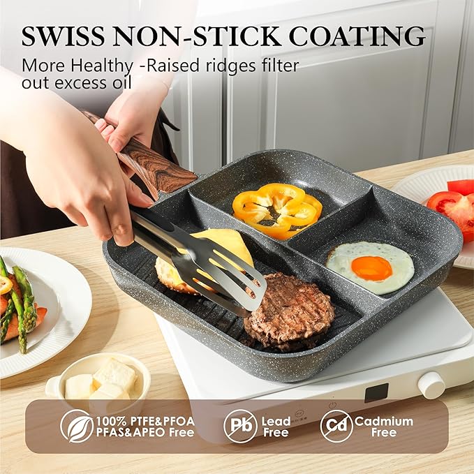 Sensarte Nonstick 11-Inch Square Grill Pan, 3-Section Versatile Breakfast Skillet, Die-cast Aluminum, PFOA, PFOS, APEO Free, Induction, Gas, Electric, Glass, Ceramic