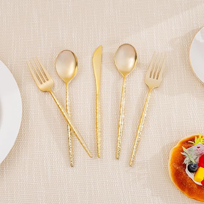 LIYH 102 Pcs Gold Plastic Silverware Cutlery Sets - Disposable Plastic Silverware Heavyduty, Disposable Utensil Sets, 34 of Each Forks, Knives & Spoons Flatware Set for Party Birthday