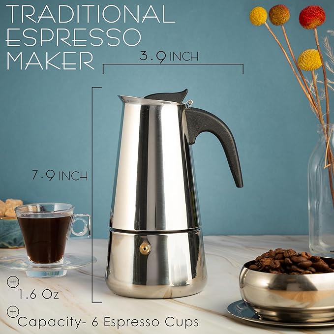 Mixpresso 6 Cup Greca Stovetop Espresso Pot 300ml/10oz, Moka Pot with Coffee Percolator Design, Stainless Steel Stove Top Coffee Maker for Camping or Home Use,Italian Stovetop Espresso Maker